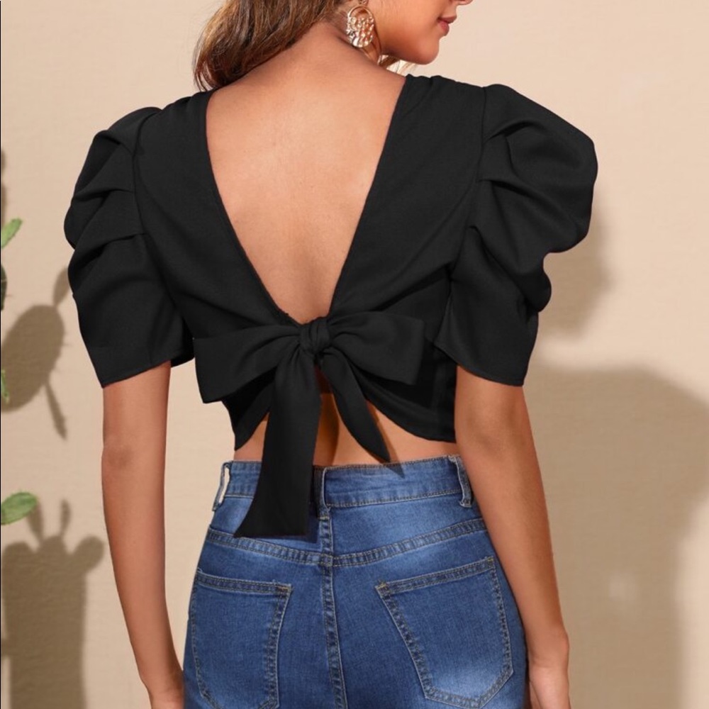 Open Back Tie Puff Sleeve Ruched Classic Top Blouse - Picture 5 of 16